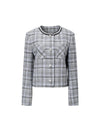 Plaid Tweed Jacket with Pearl Trim Collar