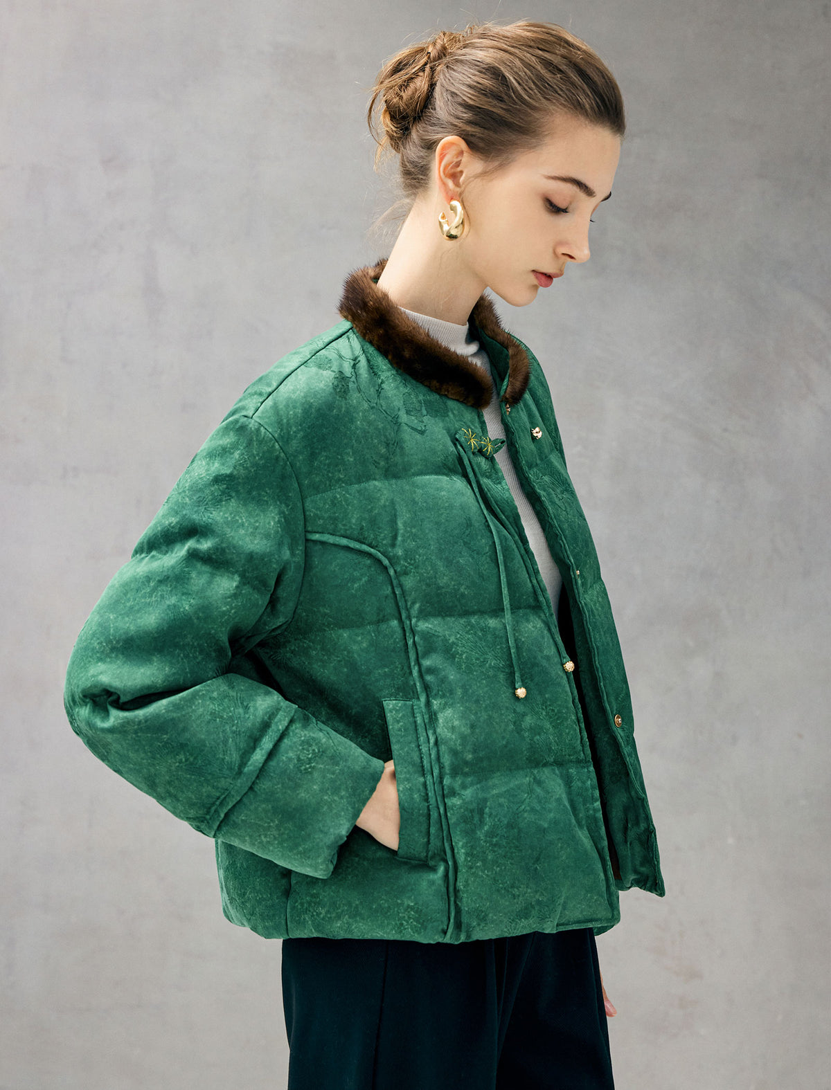 Jacquard Stand-Collar Frog-Button Quilted Cropped Coat