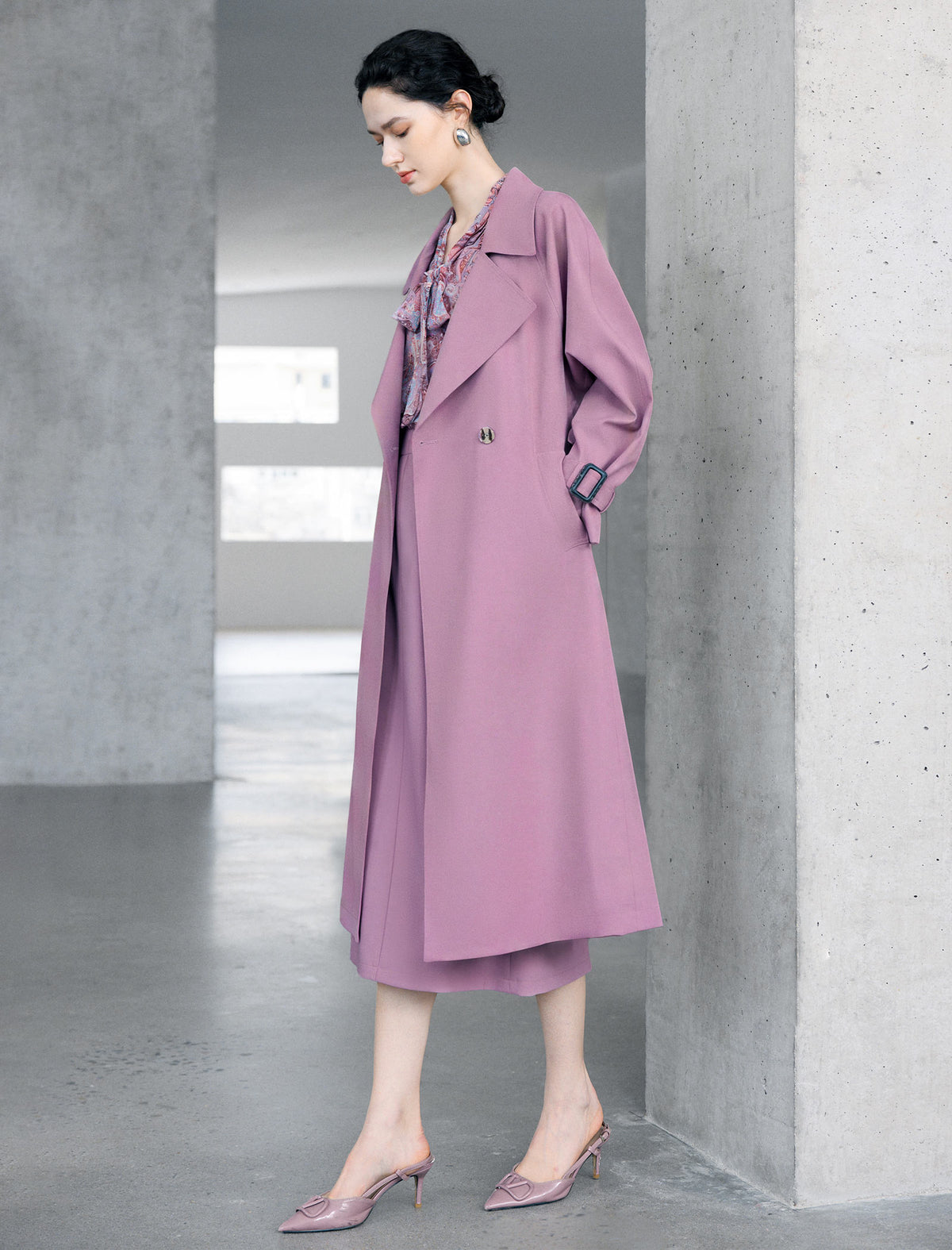 Double Breasted Midi Trench Coat with Waist Belt