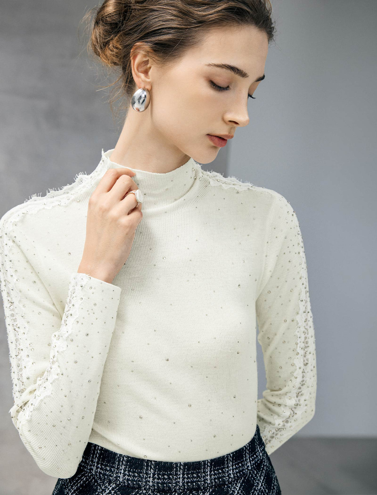 Wool Blend Rhinestone Lace-Sleeve Turtleneck Fitted Top
