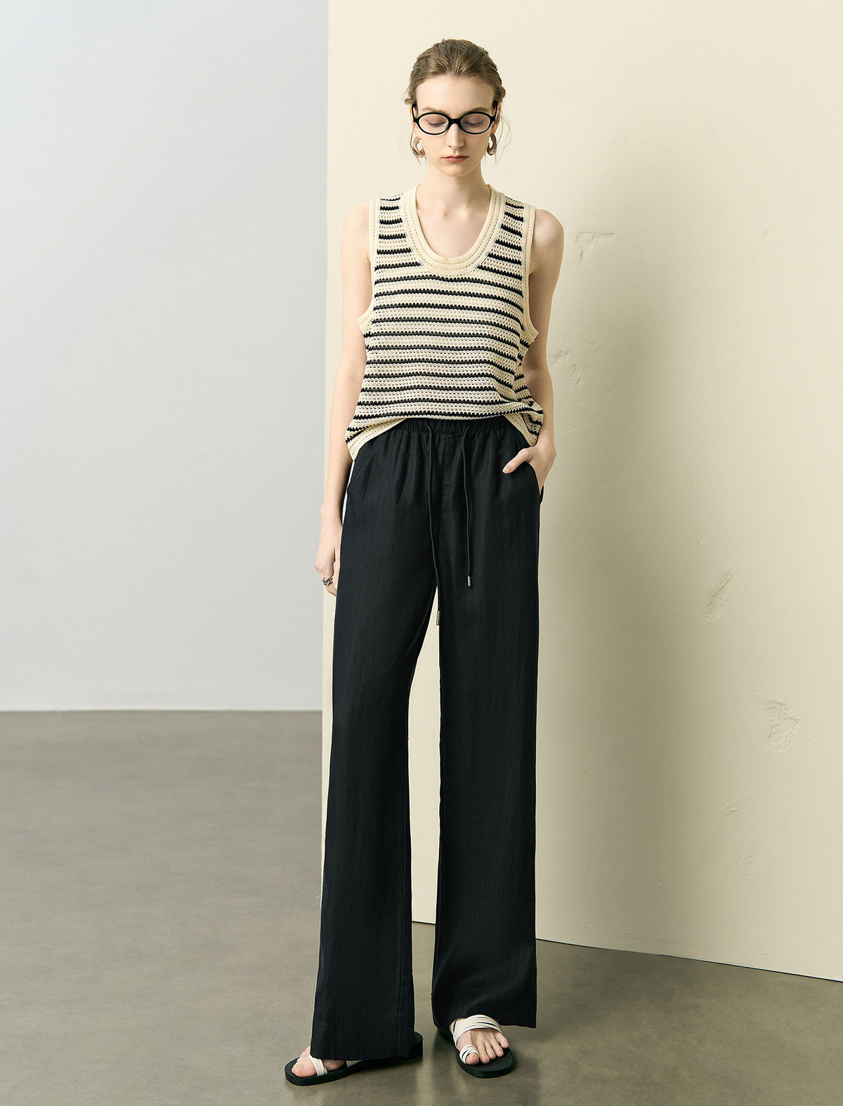 Linen Wide-Leg Drawstring Pants