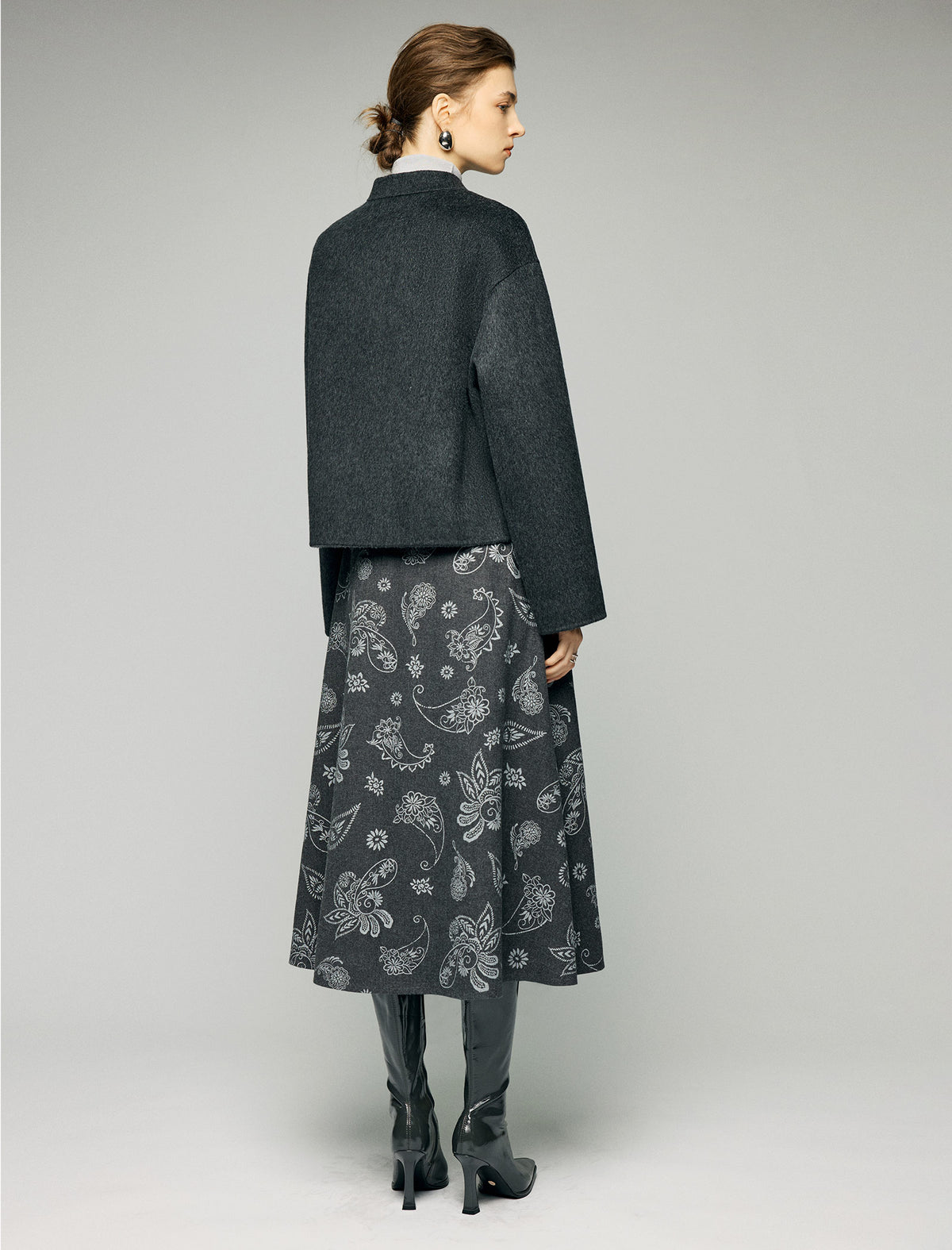 Wool Blend Frog-Button Fringe-Trim Stand-Collar Cropped Jacket