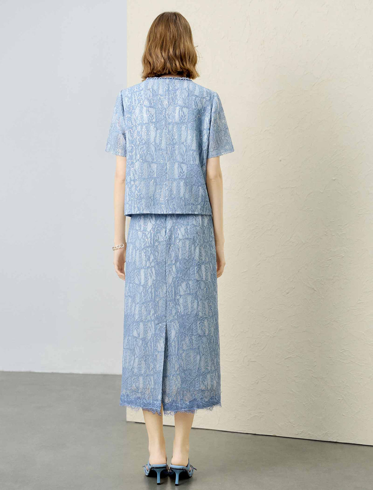 Light Blue Sequin Lace Midi Skirt