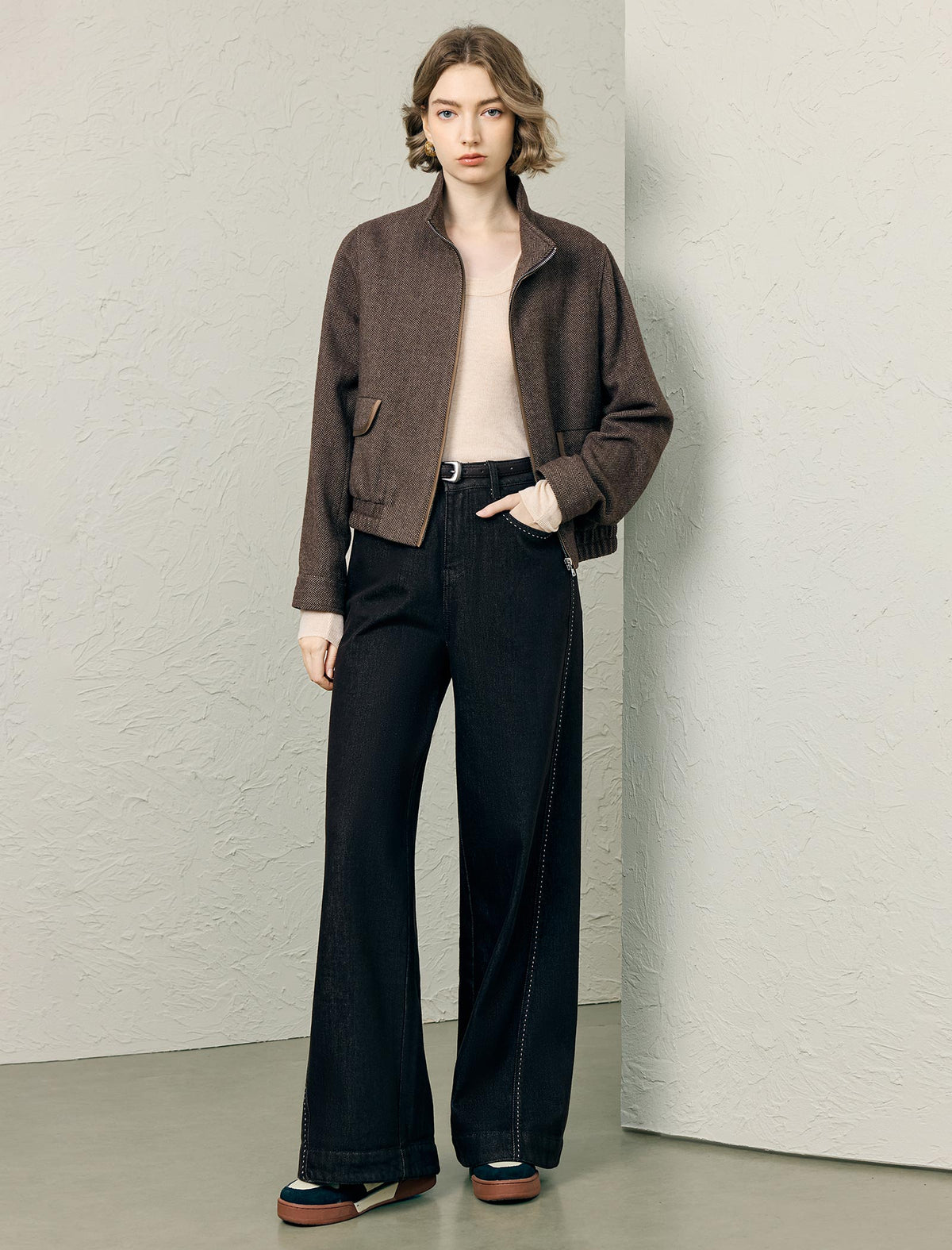 Wool Blend Textured Stand-Collar Zip-Front Cropped Jacket