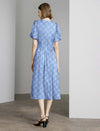 Gingham Print Puff-Sleeve Pleated Midi Dress