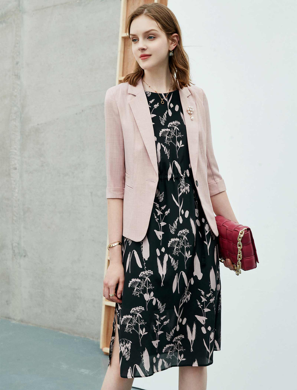 100% Mulberry Silk Black Botanical Sleeveless Midi Dress