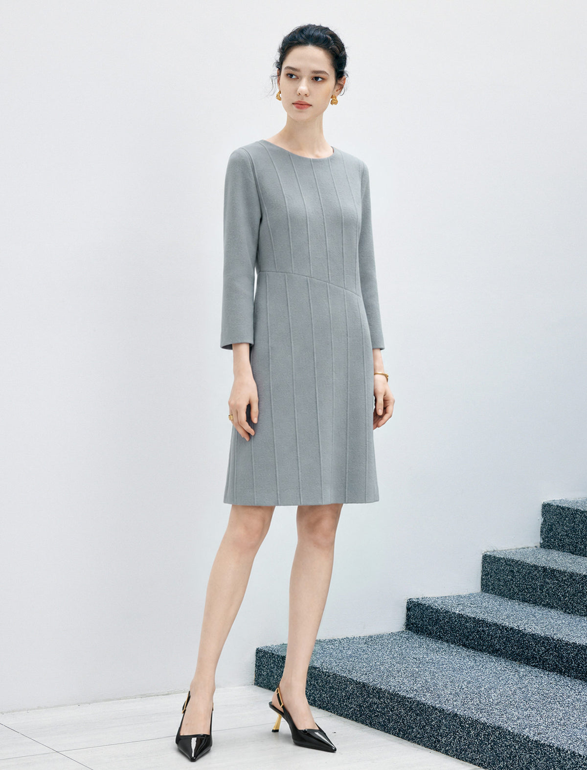 Wool Blend Quilted Button-Front Straight-Fit Dress