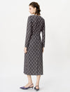 Diamond Plaid Long Sleeve Ruched-Waist Midi Dress