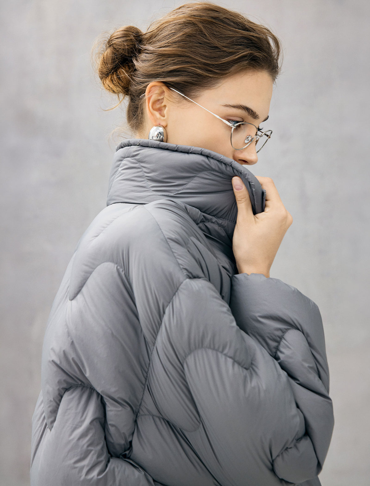 Wave-Quilted Stand-Collar Balloon-Sleeve Cropped Puffer Jacket