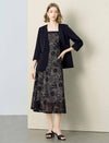 Black Gold Floral Sequin Lace Wide Strap Midi Slip Dress