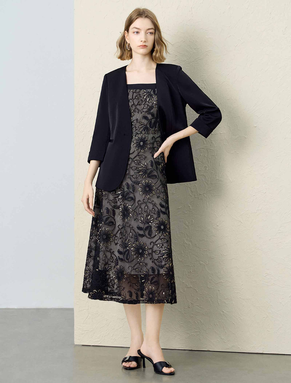 Black Gold Floral Sequin Lace Wide Strap Midi Slip Dress