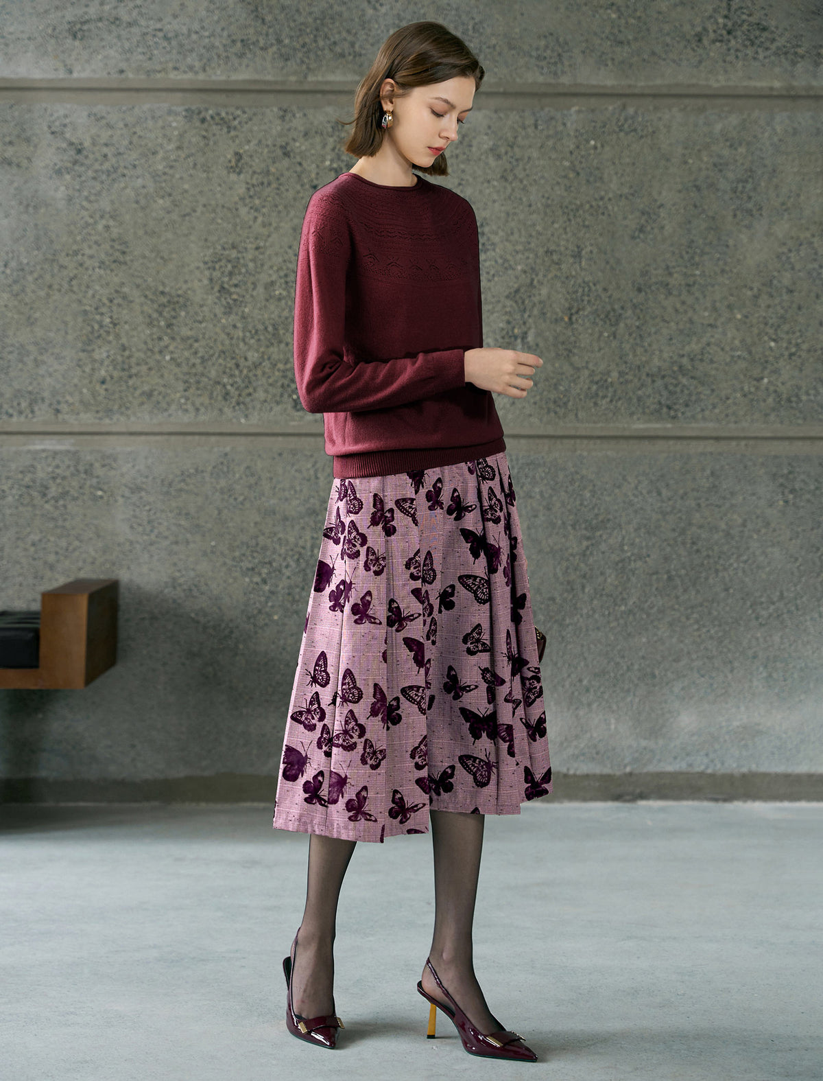 Butterfly Print Pleated Midi Skirt