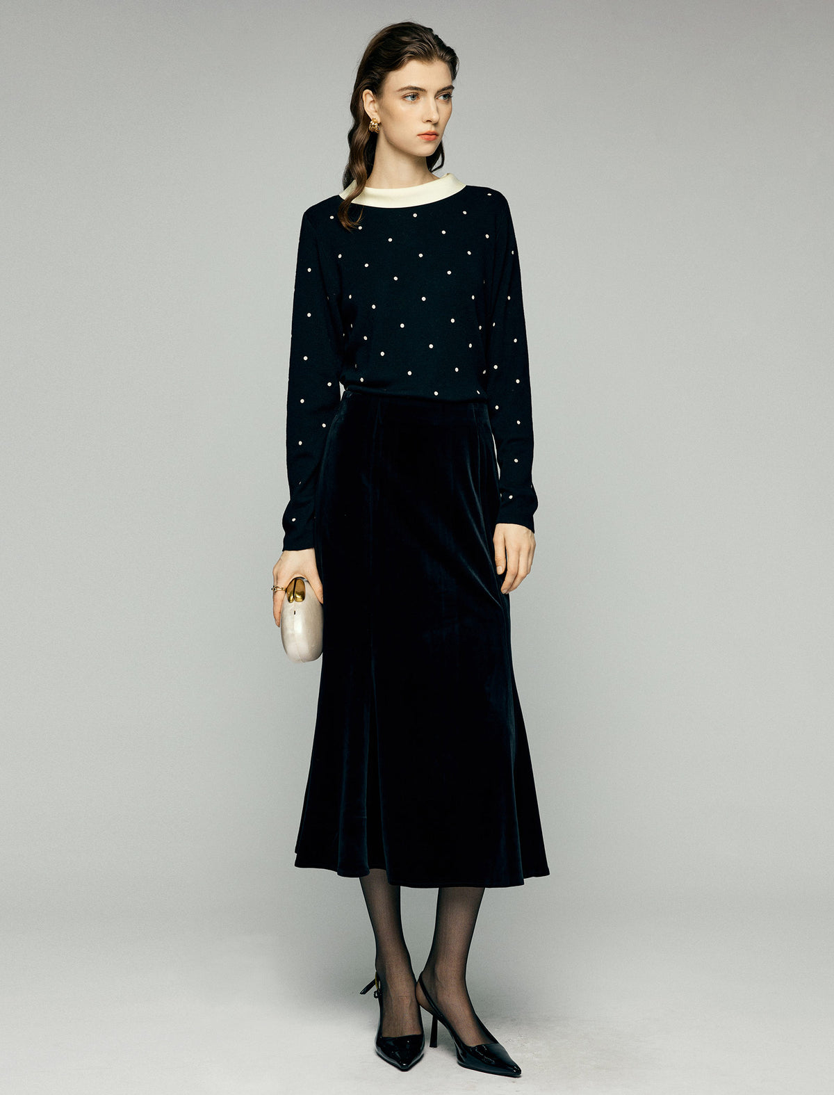 Wool Blend Polka Dot Contrast-Collar Fitted Top