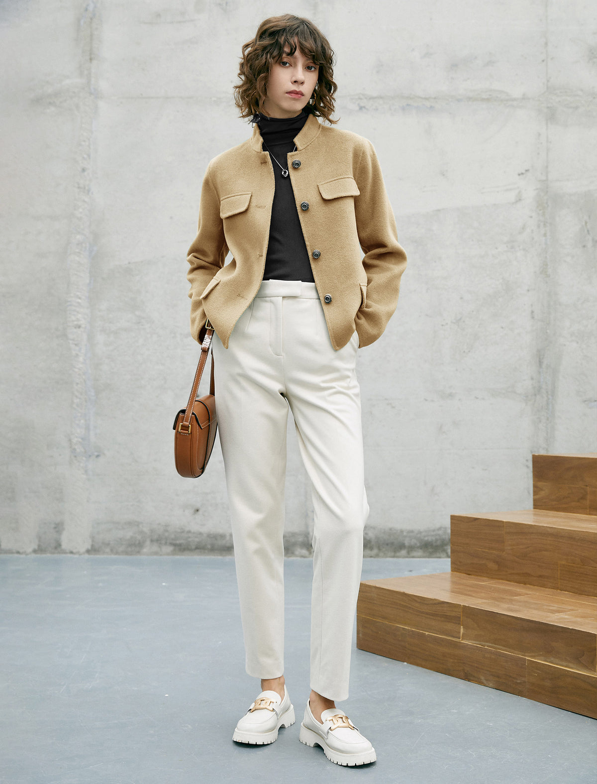 Wool Blend Button-Front Cropped Jacket