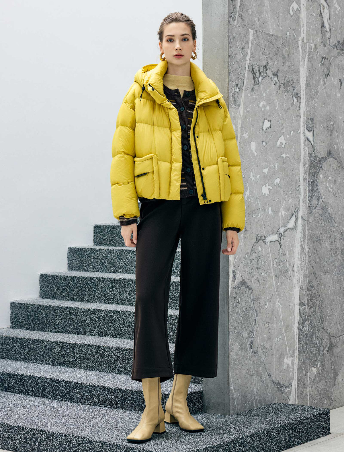 Hooded Drawstring Snap-Front Pocket Cropped Puffer Jacket