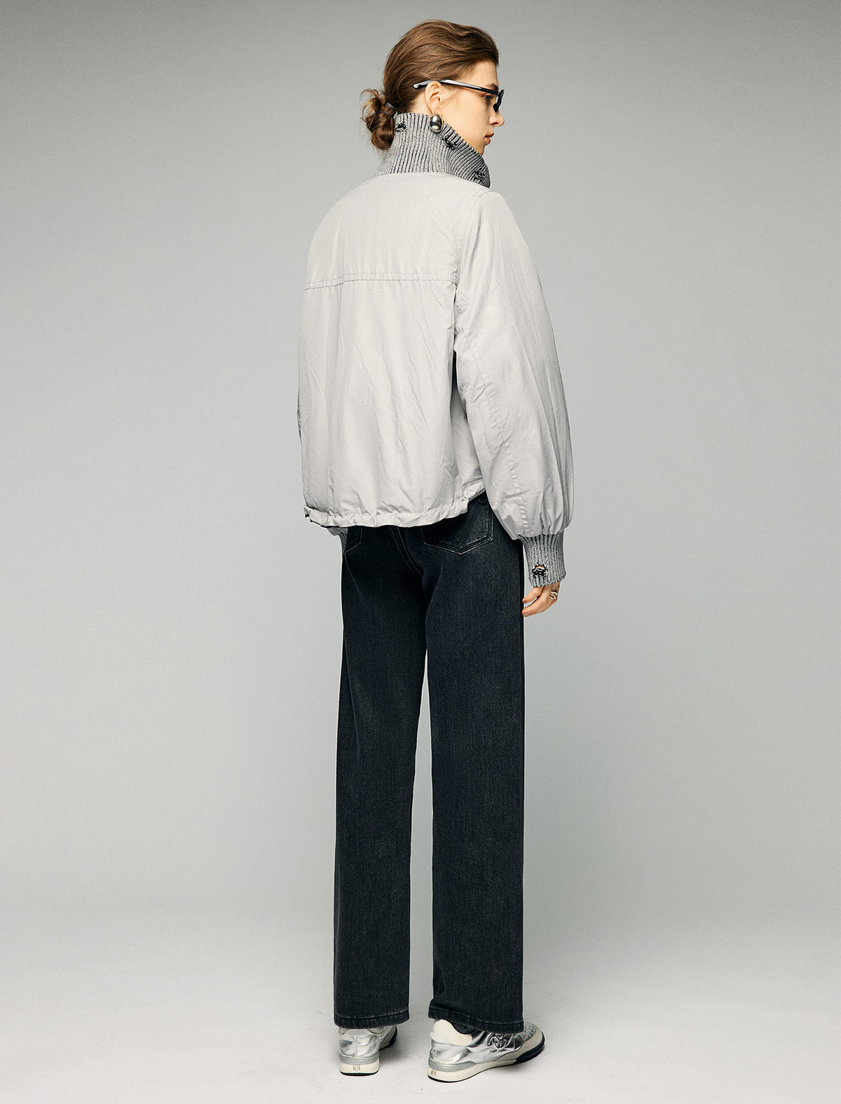 Textured-Trim Contrast-Collar Button-Front Puffer Jacket
