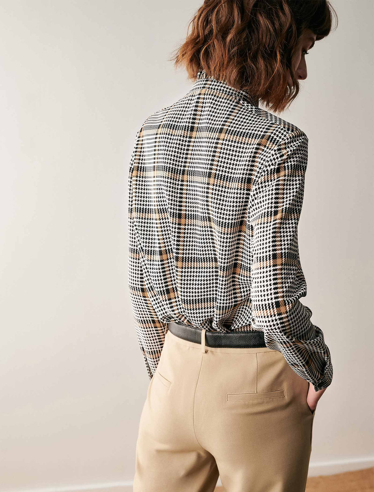 Plaid Tie Neck Blouse