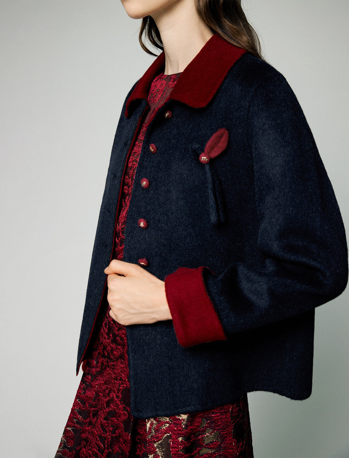 Wool Contrast-Collar Button-Front Cropped Jacket