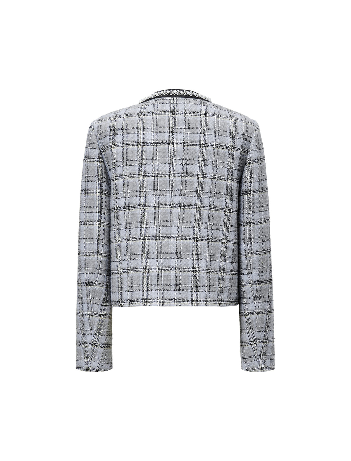 Plaid Tweed Jacket with Pearl Trim Collar