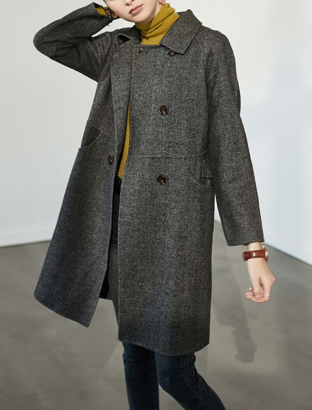 Wool Blend Collared Double-Breasted Pocket Coat