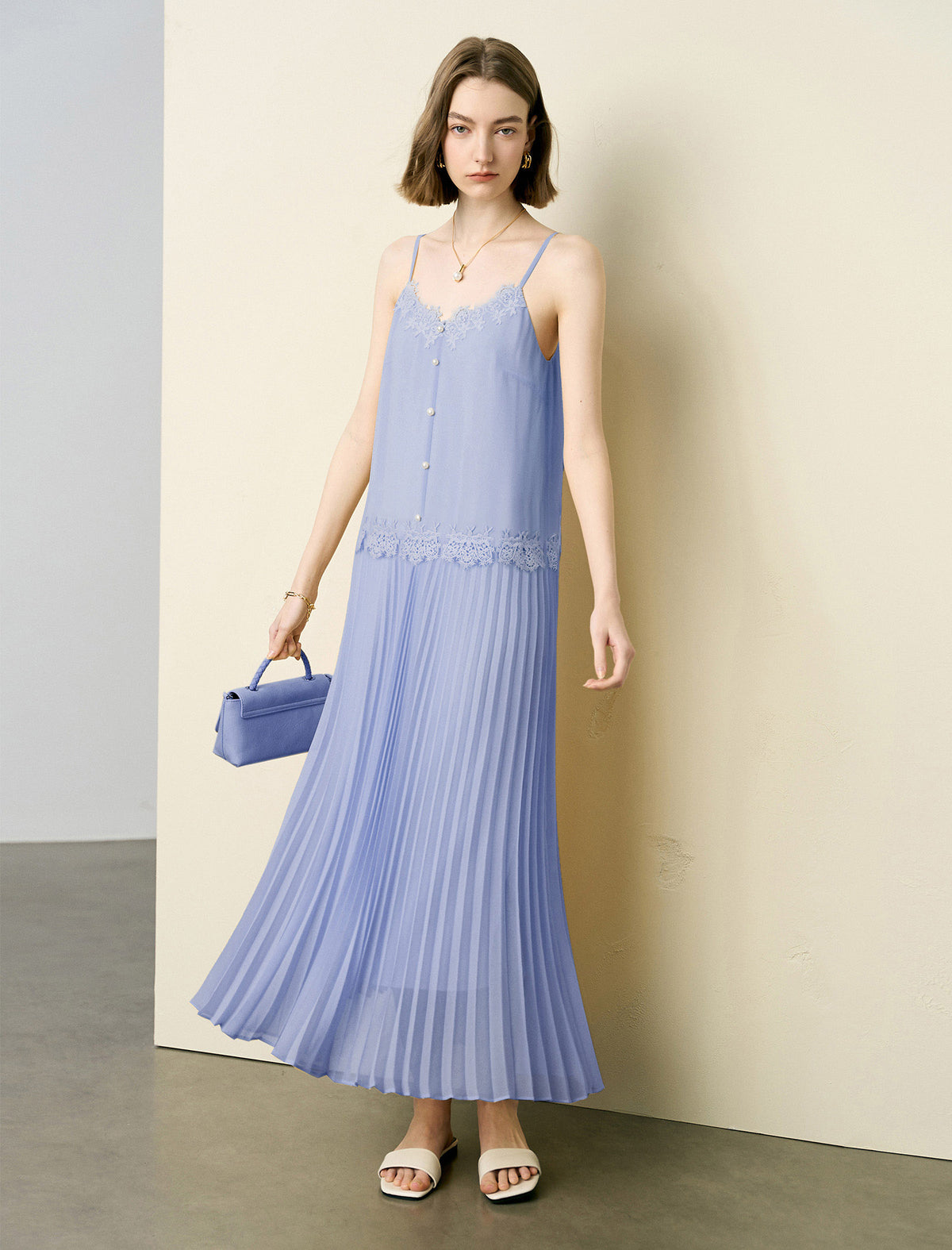 Chic Lace Embellished Pleated Slip Midi Dress