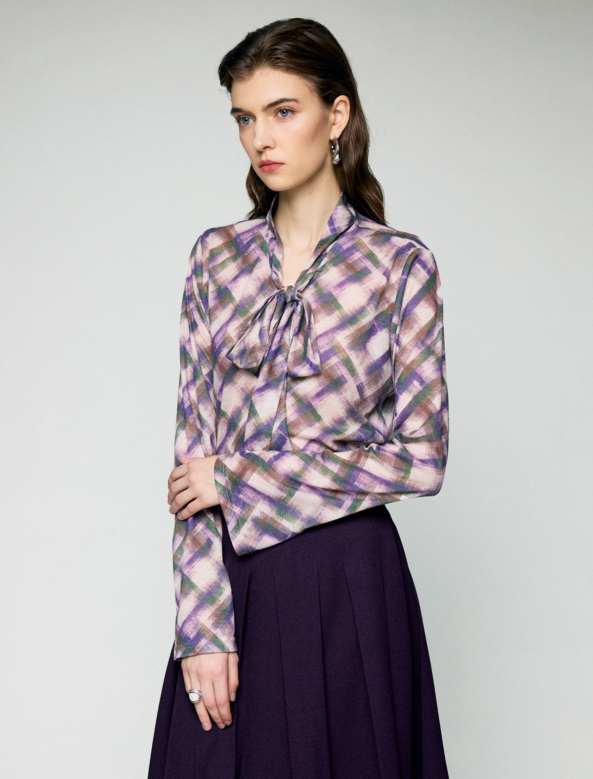 Printed Tie Neck Long Sleeve Knit Top