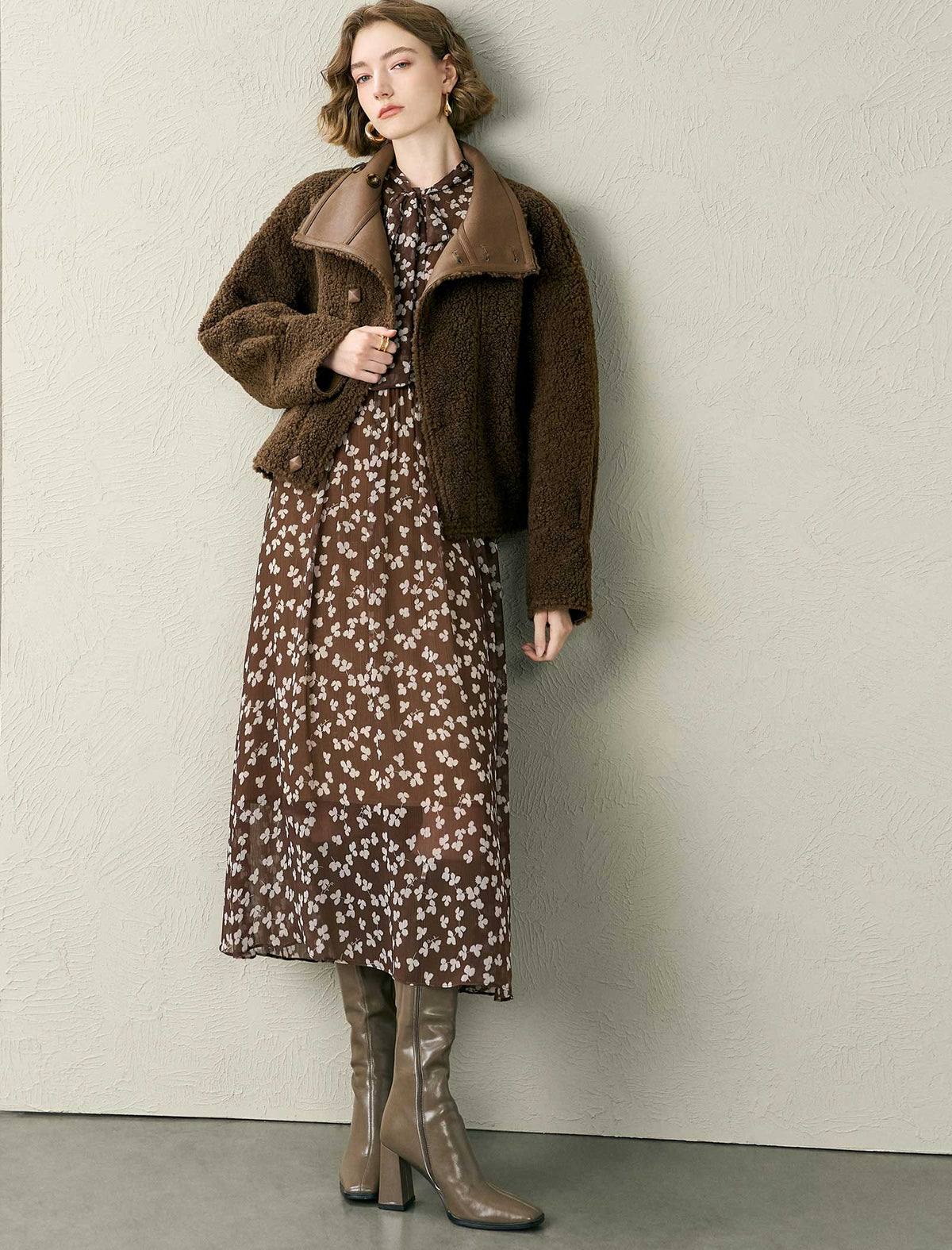 Coffee Reversible Faux Shearling Cropped Jacket