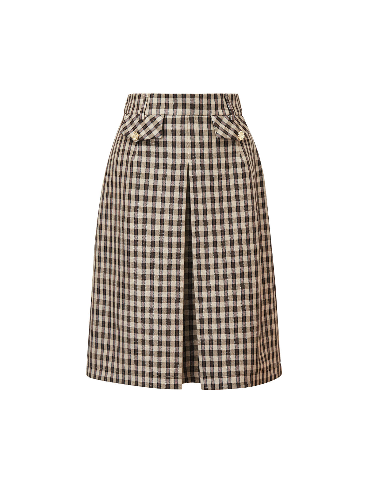 Brown Plaid Front Slit Midi Skirt
