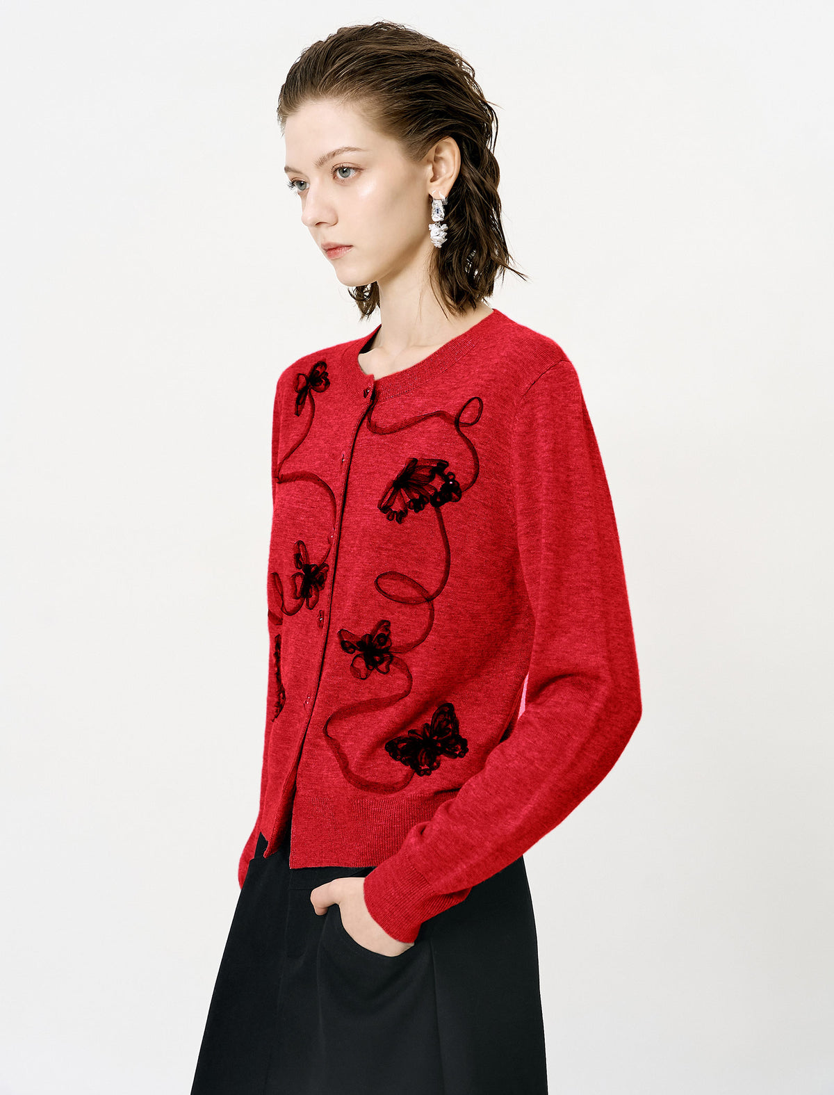 Gray Embroidered Loose Knit Cardigan