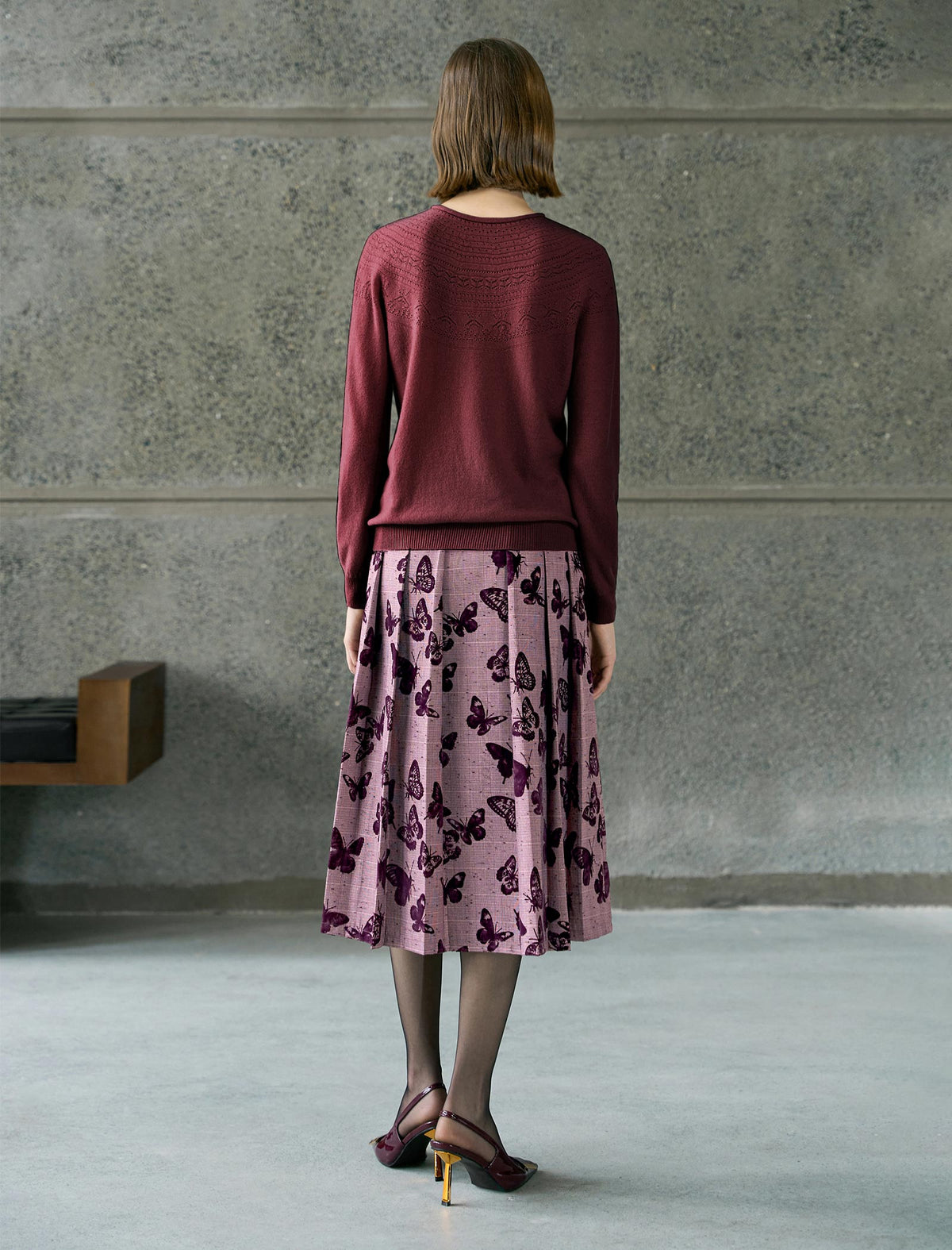 Butterfly Print Pleated Midi Skirt