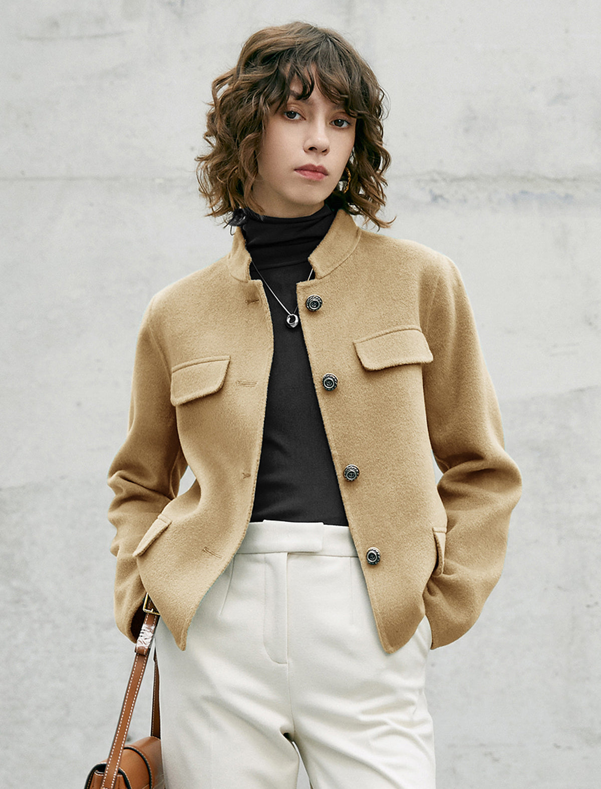 Wool Blend Button-Front Cropped Jacket