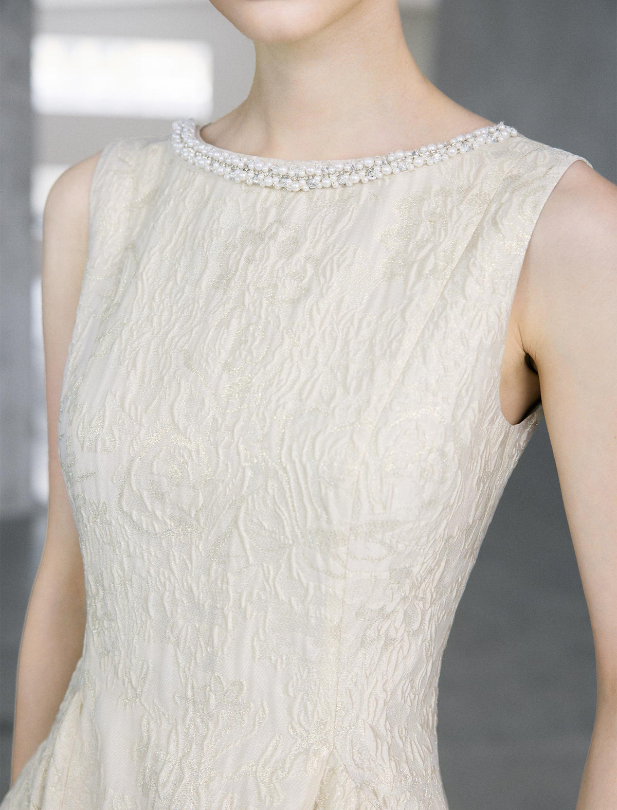 Textured Floral Sleeveless Beaded-Neckline A-Line Midi Dress