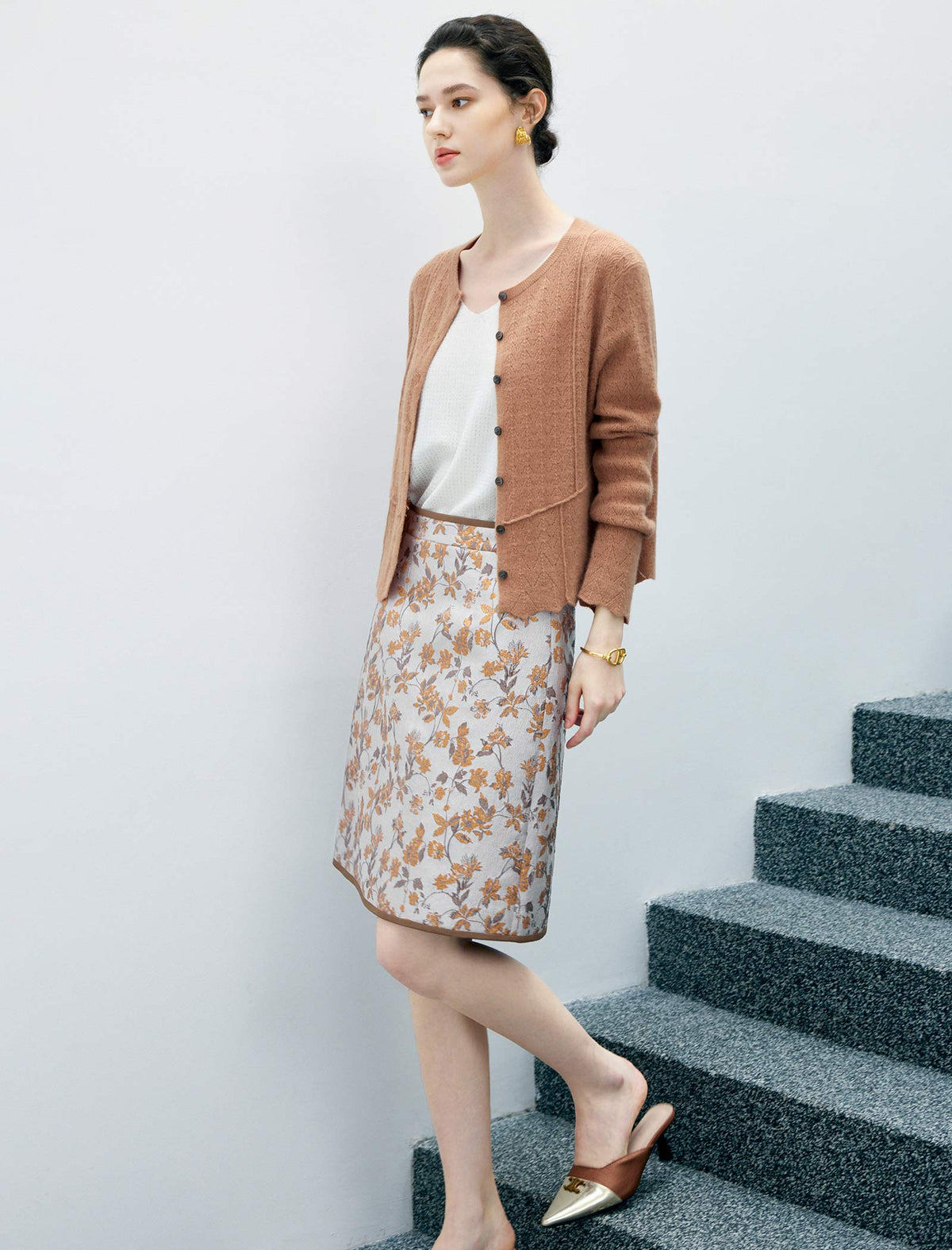 High Waist Floral Jacquard A Line Midi Skirt