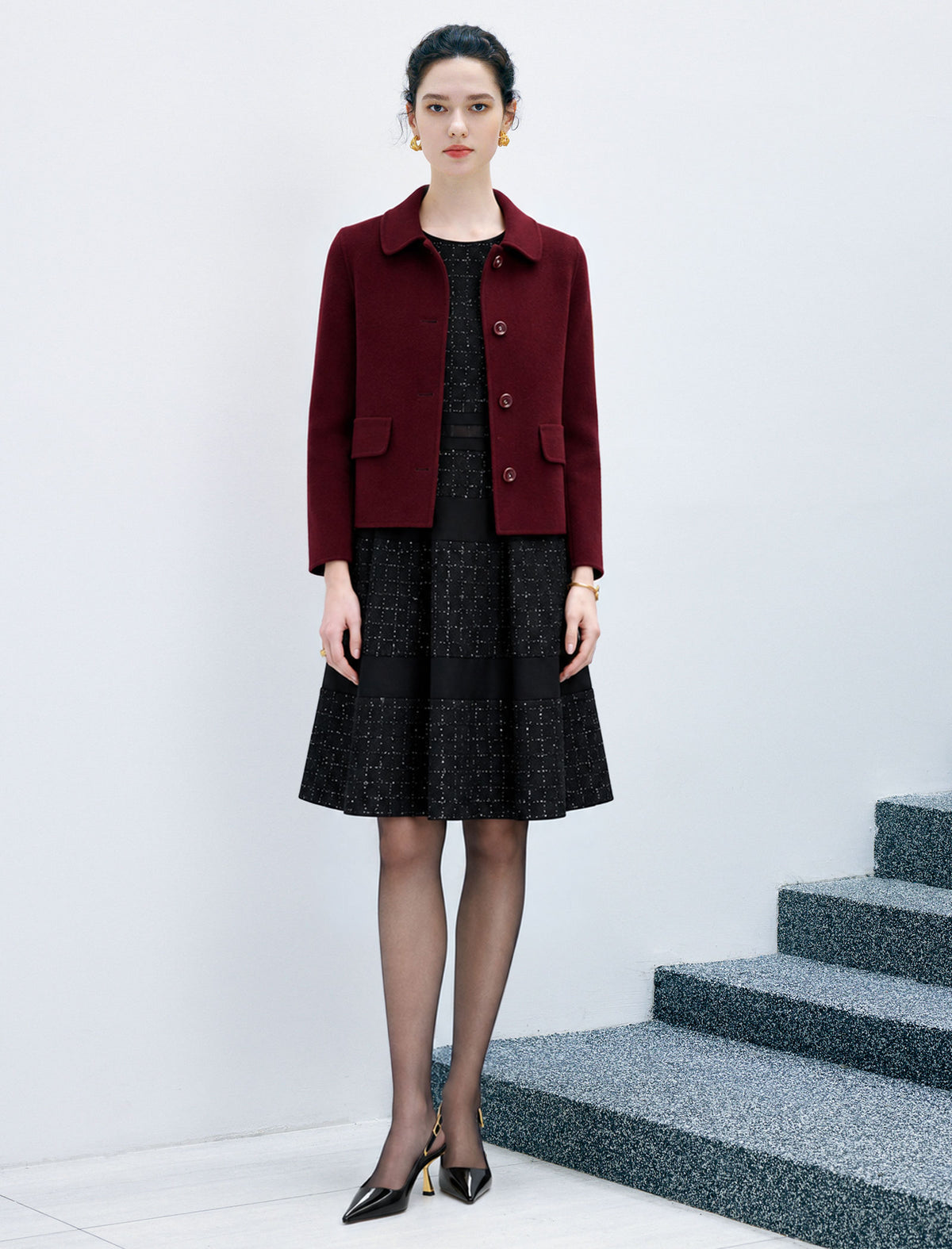 Wool Blend Long Sleeve Fitted Straight-Fit Jacket