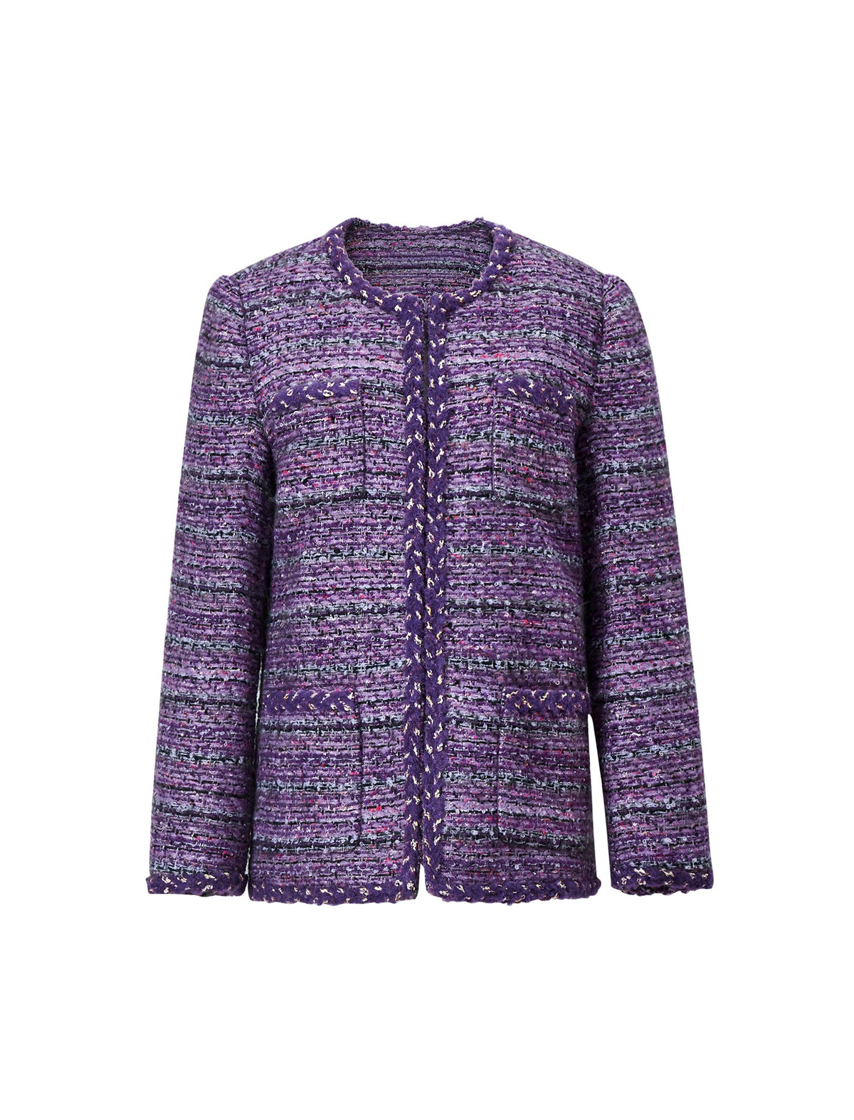 Wool Blend Textured Braided Trim Open-Front Jacket
