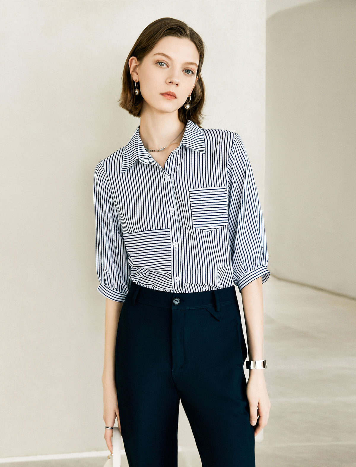 Simple Striped Jacquard Button-Down Shirt