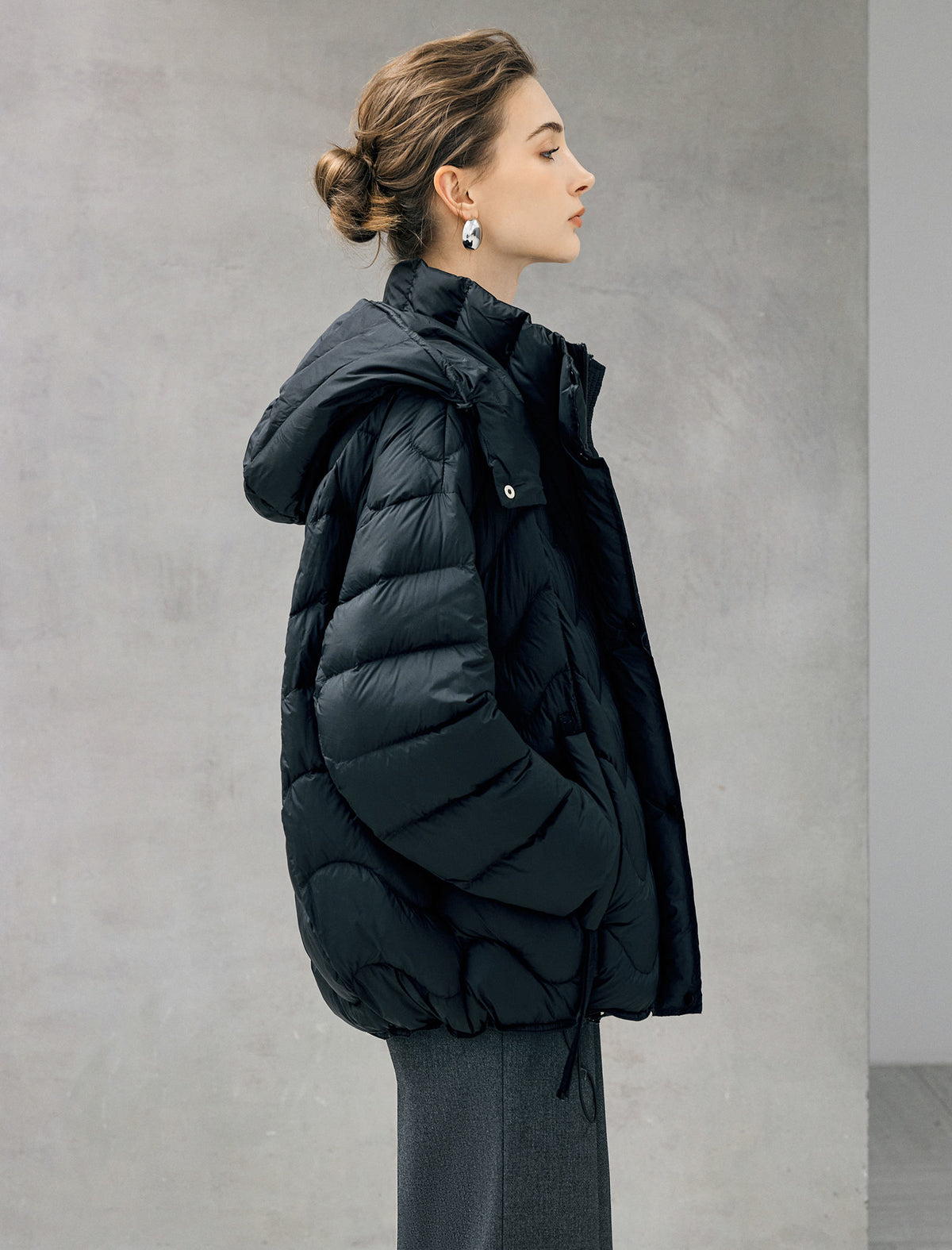 Wave-Quilted Hooded Drawstring Cropped Puffer Jacket