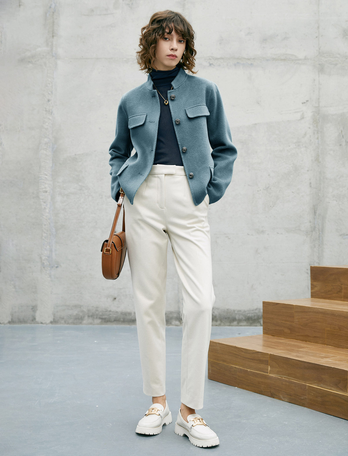 Wool Blend Button-Front Cropped Jacket