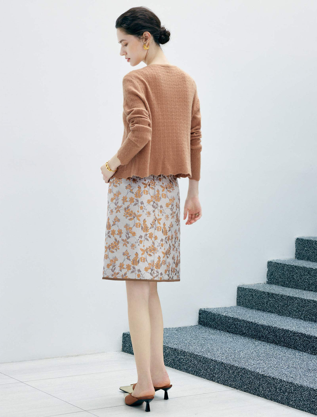 High Waist Floral Jacquard A Line Midi Skirt