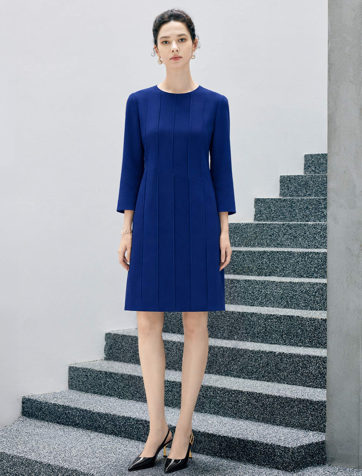 Wool Blend Quilted Button-Front Straight-Fit Dress