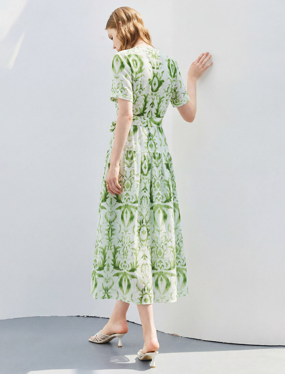Green Printed V‑Neck Midi Two‑Piece Dress