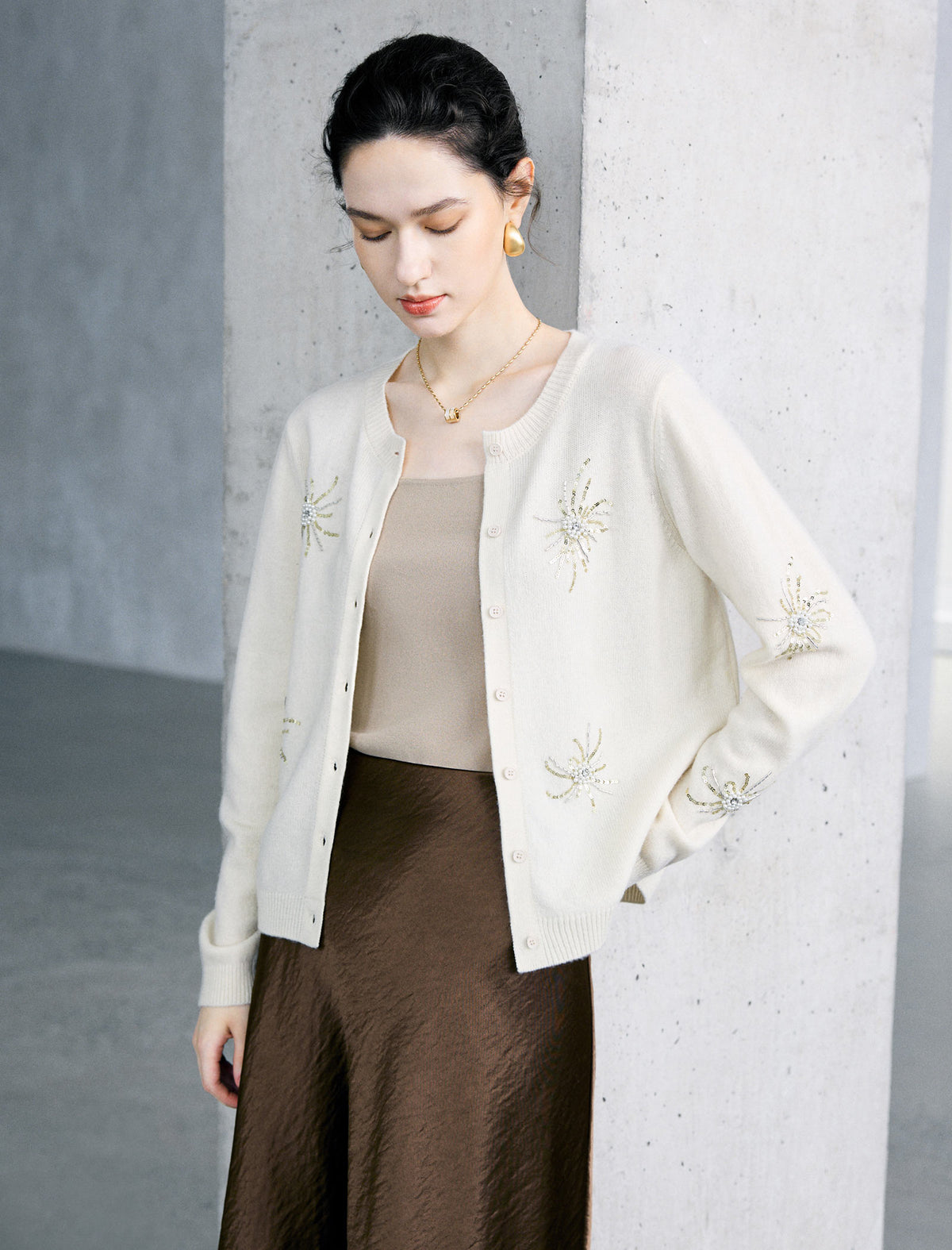 Wool Blend Beaded Firework Embroidery Long Sleeve Cardigan