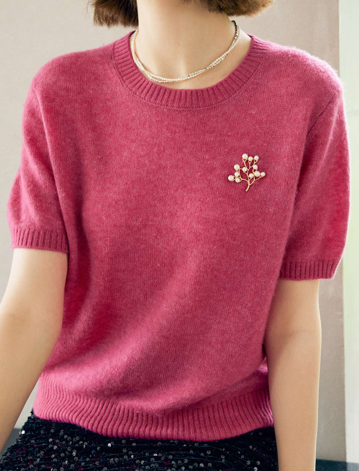 Wool Blend Pearl Brooch Short Sleeve Sweater