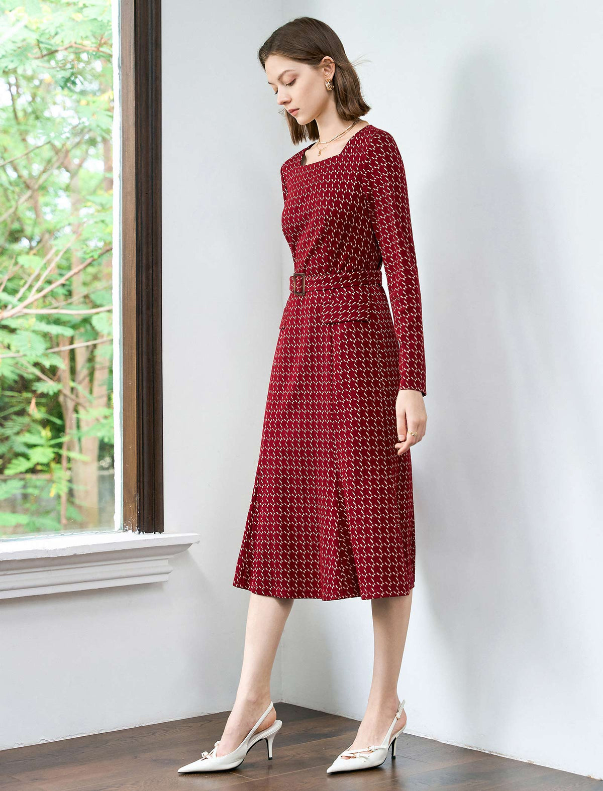 Square Neck Belted Plaid Midi Dress