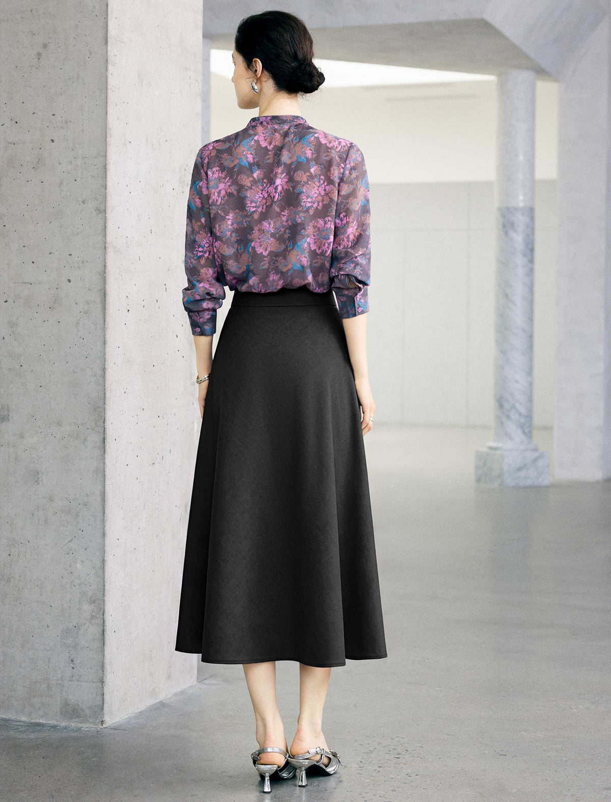 Printed Stand Collar Pleated Chiffon Blouse