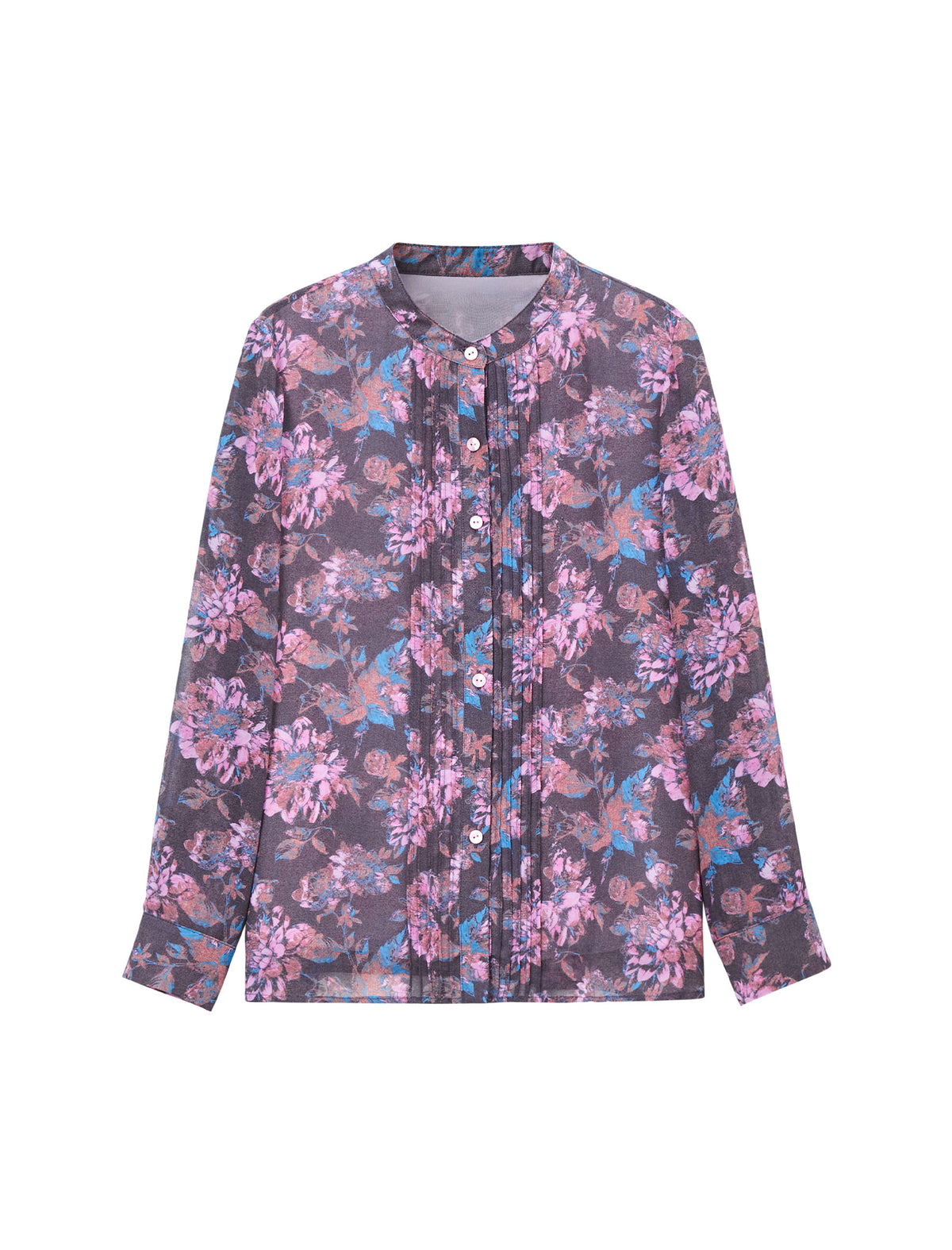 Printed Stand Collar Pleated Chiffon Blouse