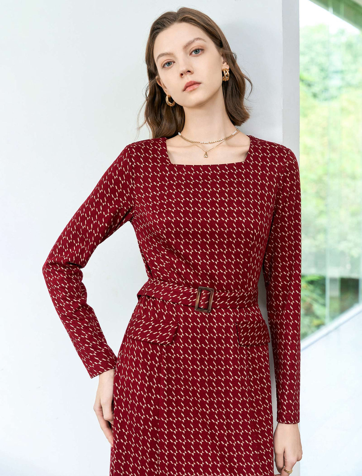 Square Neck Belted Plaid Midi Dress