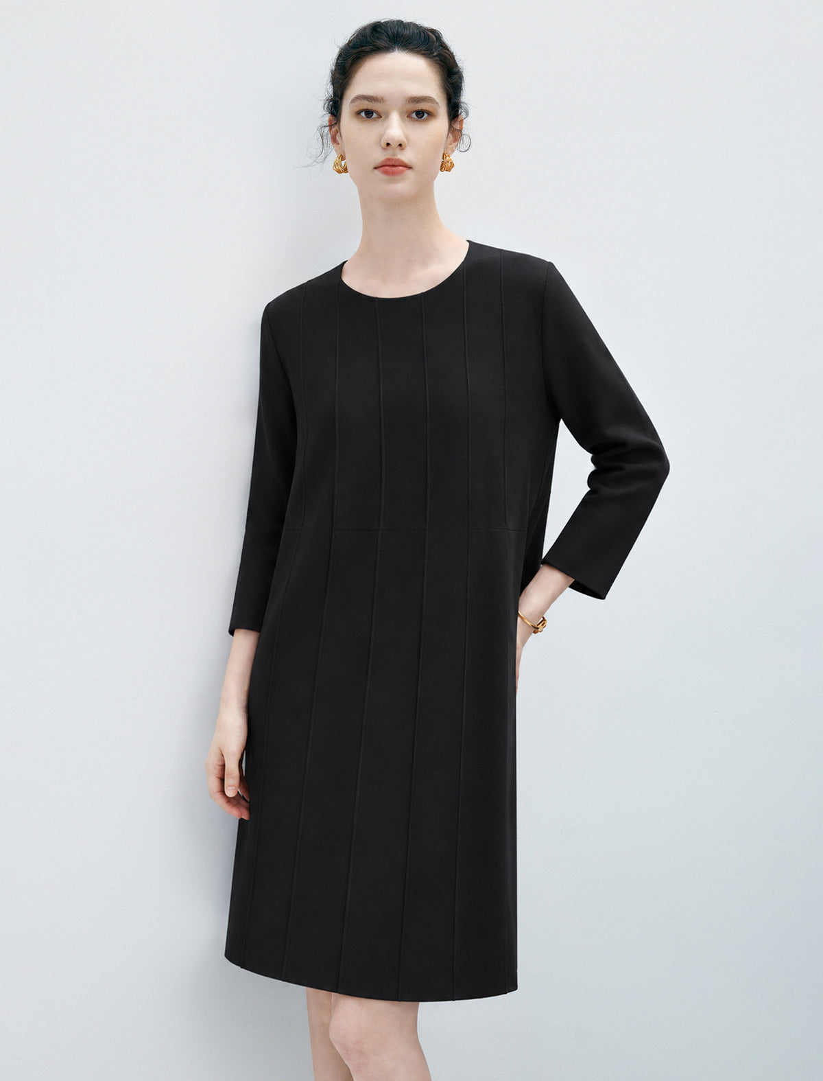 Wool Blend Quilted Button-Front Straight-Fit Dress