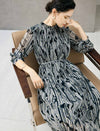 Abstract Print Belted Long Sleeve Midi Dress