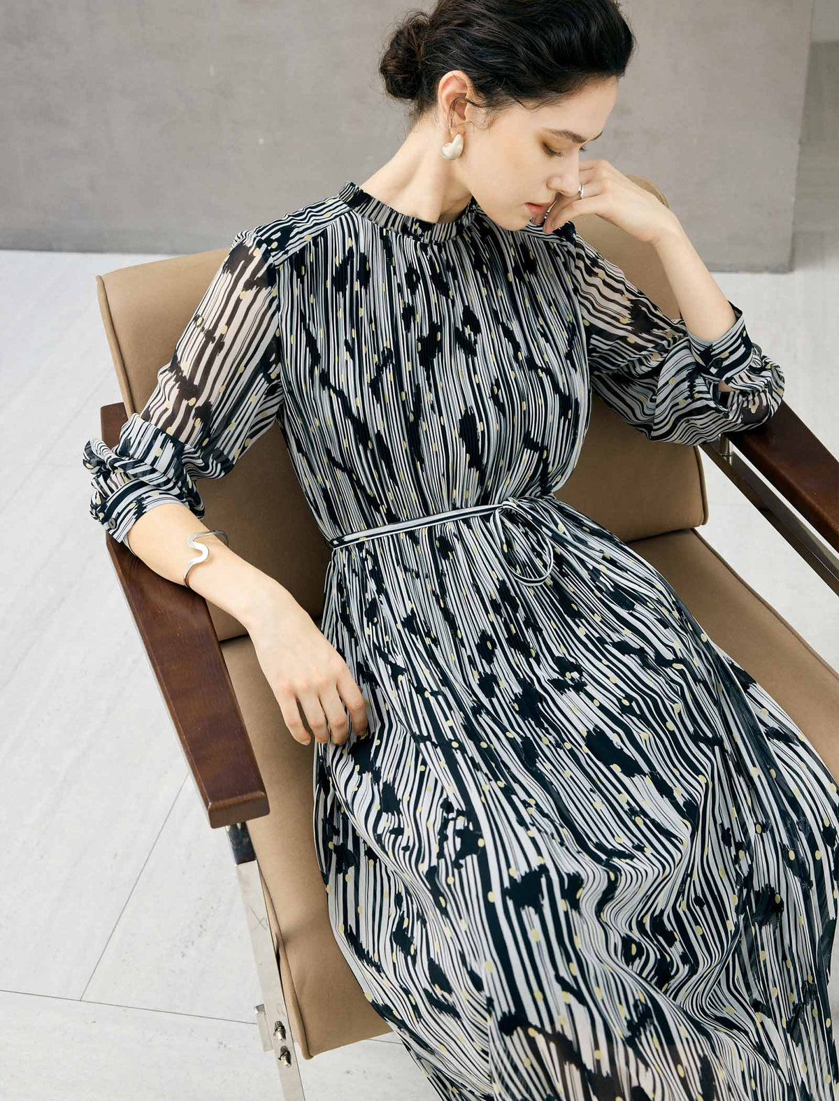 Abstract Print Belted Long Sleeve Midi Dress